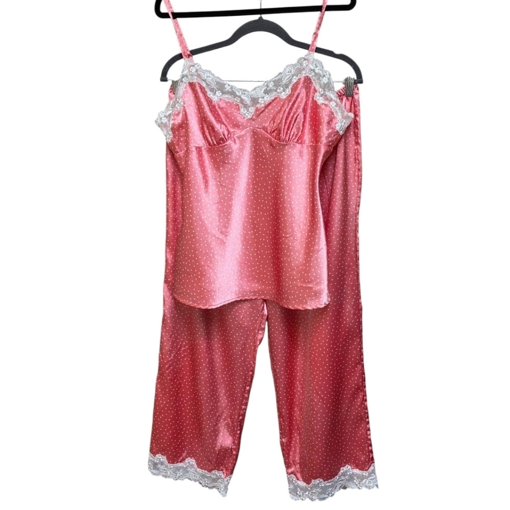 Vintage Jessica Pink Satin Pajama Set with Lace